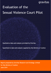 Image of front page: Evaluation of the Sexual Violence Court Pilot. Qualitative data and analysis provided by Gravitas. Quantitative data and analysis supplied by the Ministry of Justice.
