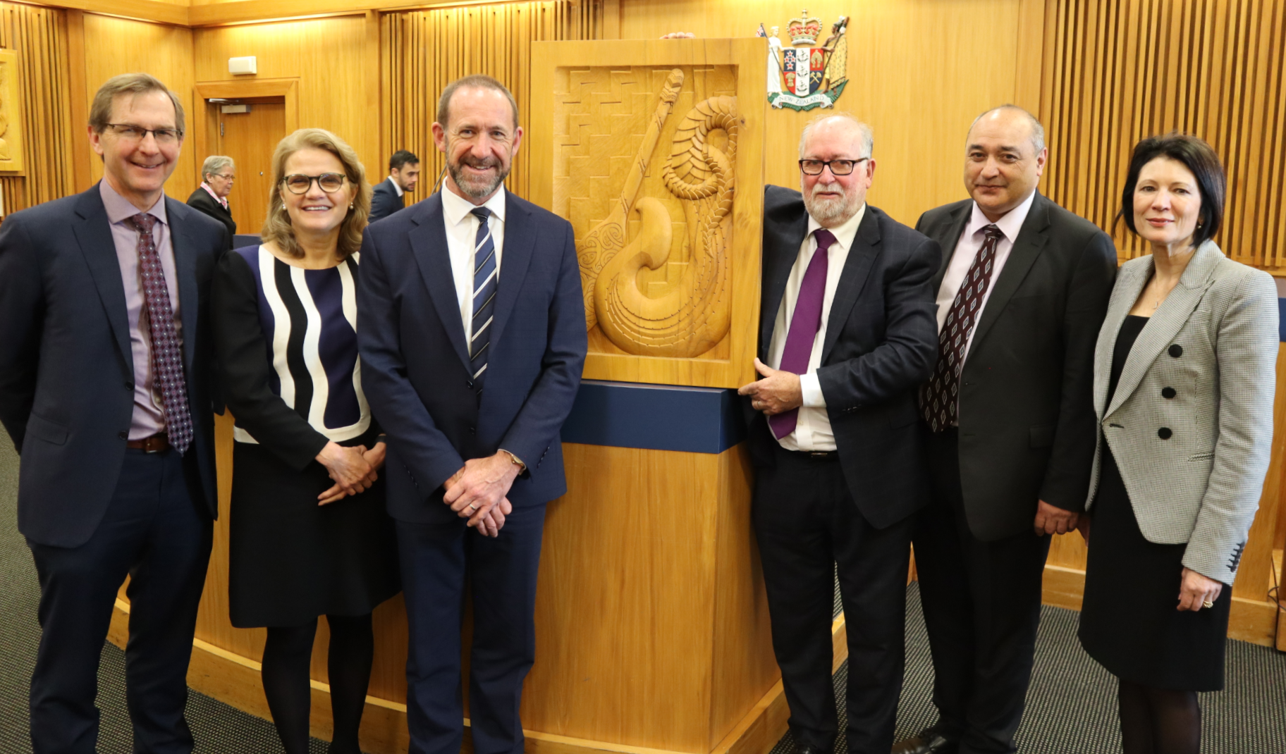 Image of Justice Minister Andrew Little, with the Chief Justice, Dame Helen Winkelmann, the Secretary for Justice, Andrew Kibblewhite, the Principal Youth Court Judge, John Walker, the Chief District Court Judge, Heemi Taumaunu, and the Principal Family Court Judge, Jacquelyn Moran.